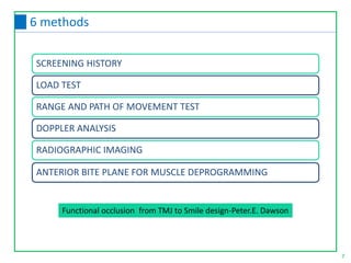 Functional occlusion from TMJ to Smile design-Peter.E. Dawson
7
6 methods
SCREENING HISTORY
LOAD TEST
RANGE AND PATH OF MOVEMENT TEST
DOPPLER ANALYSIS
RADIOGRAPHIC IMAGING
ANTERIOR BITE PLANE FOR MUSCLE DEPROGRAMMING
 