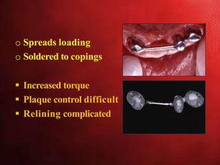 o Spreads loading
o Soldered to copings
 Increased torque
 Plaque control difficult
 Relining complicated
 