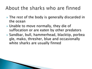    The rest of the body is generally discarded in
    the ocean
   Unable to move normally, they die of
    suffocation or are eaten by other predators
   Sandbar, bull, hammerhead, blacktip, porbea
    gle, mako, thresher, blue and occasionally
    white sharks are usually finned
 