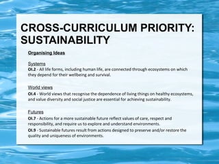 CROSS-CURRICULUM PRIORITY: 
SUSTAINABILITY 
Organising Ideas 
Systems 
OI.2 - All life forms, including human life, are connected through ecosystems on which 
they depend for their wellbeing and survival. 
World views 
OI.4 - World views that recognise the dependence of living things on healthy ecosystems, 
and value diversity and social justice are essential for achieving sustainability. 
Futures 
OI.7 - Actions for a more sustainable future reflect values of care, respect and 
responsibility, and require us to explore and understand environments. 
OI.9 - Sustainable futures result from actions designed to preserve and/or restore the 
quality and uniqueness of environments. 
 