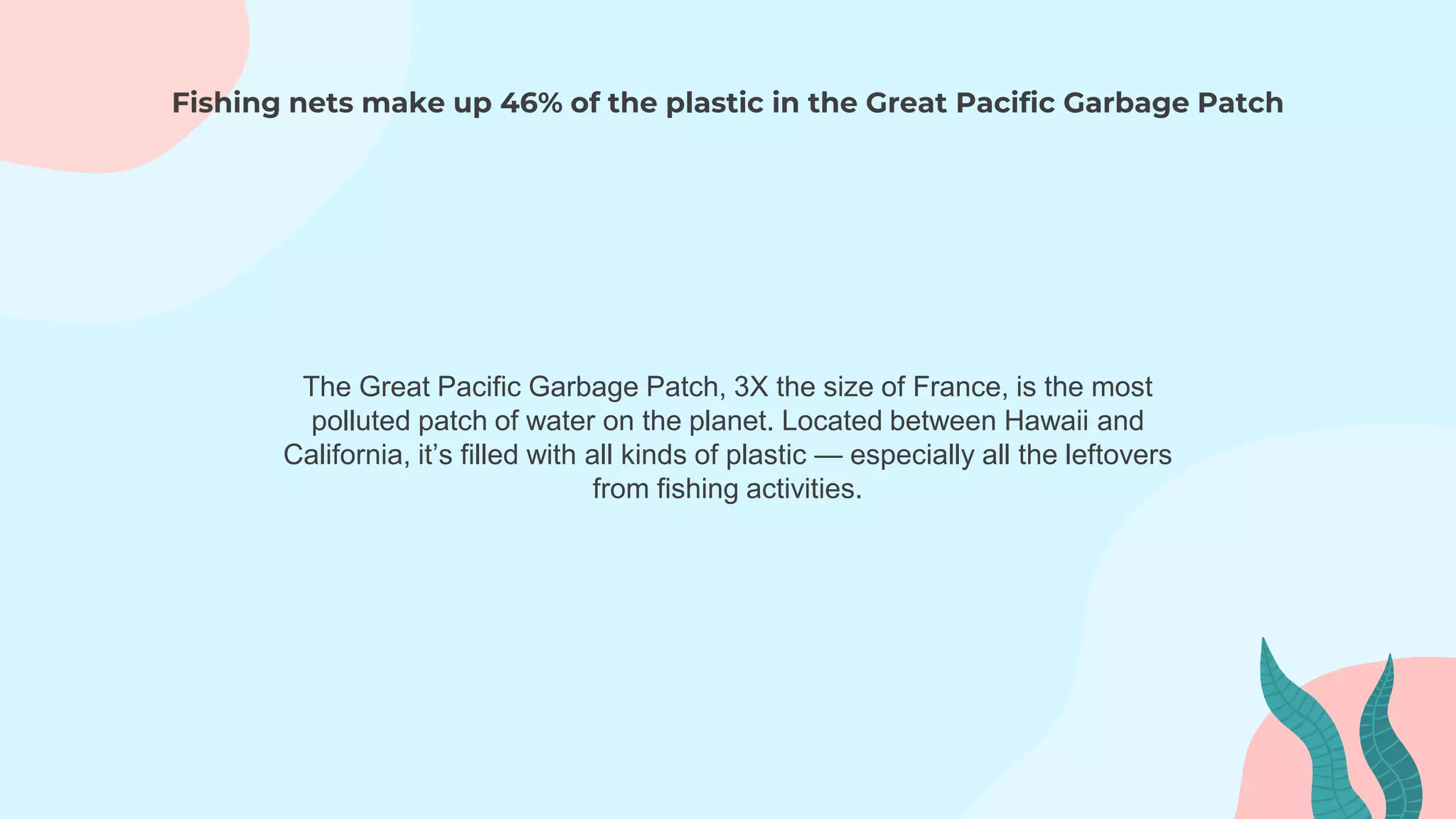 Fishing nets make up 46% of the plastic in the Great Pacific Garbage Patch
The Great Pacific Garbage Patch, 3X the size of France, is the most
polluted patch of water on the planet. Located between Hawaii and
California, it’s filled with all kinds of plastic — especially all the leftovers
from fishing activities.
 
