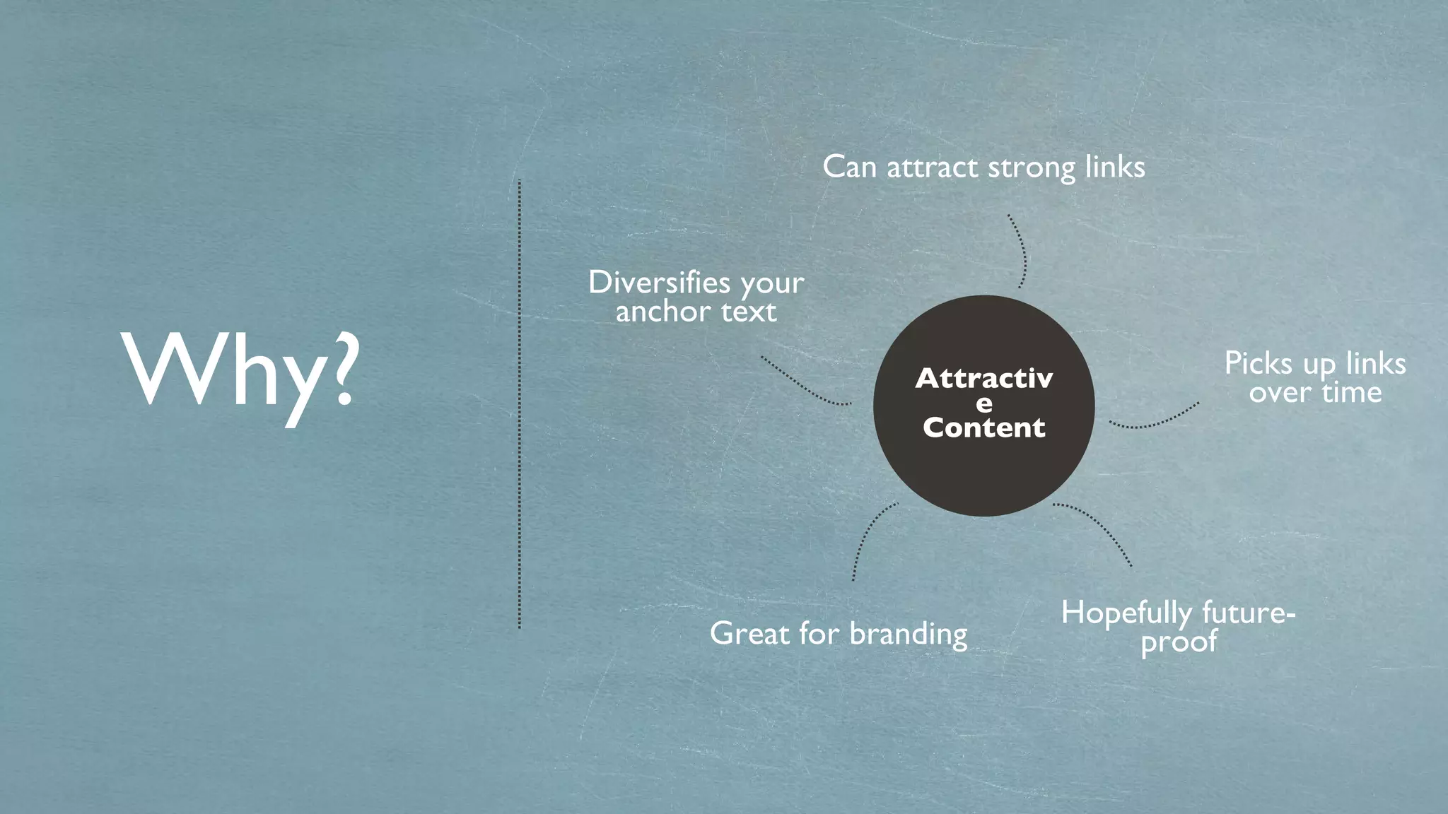 Why? Attractive Content Can attract strong links Picks up links over time Diversifies your anchor text Hopefully future-proof Great for branding 