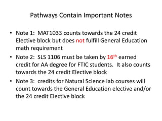 Pathways Contain Important Notes
• Note 1: MAT1033 counts towards the 24 credit
Elective block but does not fulfill General Education
math requirement
• Note 2: SLS 1106 must be taken by 16th earned
credit for AA degree for FTIC students. It also counts
towards the 24 credit Elective block
• Note 3: credits for Natural Science lab courses will
count towards the General Education elective and/or
the 24 credit Elective block
 