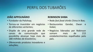 PERFIL DOS TUBARÕES
JOÃO APPOLINÁRIO
• Fundador da Polishop;
• Tornou-se investidor em negócios
de diferentes vertentes;
• Dispõe de uma grande rede de
canais de comunicação que
possibilita alcançar hoje mais de
180 milhões de brasileiros;
• Oferecendo produtos inovadores e
soluções;
ROBINSON SHIBA
• Rede fast food chinês China in Box;
• Restaurantes Gendai, Owan e
Gokei;
• Negócios liderados por Robinson
somam mais de 215
estabelecimentos espalhados pelo
país.
 