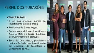 PERFIL DOS TUBARÕES
CAMILA FARANI
• É um dos principais nomes do
investimento-anjo no Brasil;
• Presidente da Gávea Angels;
• Co-fundou o Mulheres Investidoras
Anjo, o MIA, e a Lab22, boutique
de investimento em startups;
• Sócia do Deal Match, plataforma
online e fechada para investimento
em empresas de tecnologia e
Conselheira da ACE.
 