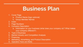 Business Plan
1. Cover Page
a. Product Name (logo optional)
b. Group Member Names
2. Index
3. Page Numbers
4. Company Description
a. Information on your business (what does your company do? What makes
your company different?)
5. Type of Business
6. Market Industry and Competition Analysis
7. Financing
8. Marketing, Advertising, and Product Description
9. Operation Nuts and Bolts
 