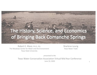 presented to the
Texas Water Conservation Association Virtual Mid-Year Conference
June 19, 2020 1
Robert E. Mace, Ph.D., P.G.
The Meadows Center for Water and the Environment
Texas State University
Sharlene Leurig
Texas Water Trade
 