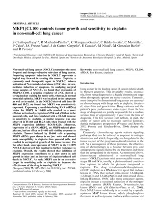 Oncogene (2006) 25, 3335–3345
                                                                     & 2006 Nature Publishing Group All rights reserved 0950-9232/06 $30.00
                                                                     www.nature.com/onc

ORIGINAL ARTICLE

MKP1/CL100 controls tumor growth and sensitivity to cisplatin
in non-small-cell lung cancer

S Chattopadhyay1,4, R Machado-Pinilla1,4, C Manguan-Garcı´ a1, C Belda-Iniesta2, C Moratilla1,
P Cejas2, JA Fresno-Vara2, J de Castro-Carpeno2, E Casado2, M Nistal3, M Gonzalez-Baron2
                                             ˜                                          ´
and R Perona1
1
                                                                       ´dicas, C/Arturo Duperier, Madrid, Spain; 2Servicio de
Translational Oncology Unit CSIC/UAM, Instituto de Investigaciones Biome
       ´
Oncologıa Me                                          3
            ´dica, Hospital La Paz, Madrid, Spain and Servicio de Anatomıa Patolo
                                                                         ´       ´gica Hospital La Paz, Madrid, Spain




Non-small-cell lung cancer (NSCLC) represents the most               Keywords: non-small-cell lung cancer; MKP1; CL100;
frequent and therapy-refractive sub-class of lung cancer.            siRNA; Jun kinase; cisplatin
Improving apoptosis induction in NSCLC represents a
logical way forward in treating this tumor. Cisplatin, a
commonly used therapeutic agent in NSCLC, induces
activation of N-terminal-c-Jun kinase (JNK) that, in turn,           Introduction
mediates induction of apoptosis. In analysing surgical
tissue samples of NSCLC, we found that expression of                 Lung cancer is the leading cause of cancer-related death
MKP1/CL100, a negative regulator of JNK, showed a                    in Western countries. This invariably results, seconda-
strong nuclear staining for tumor cells, whereas, in normal          rily, from being diagnosed at a highly disseminated stage
bronchial epithelia, MKP1 was localized in the cytoplasm             when therapeutic options are rarely curative. Currently,
as well as in nuclei. In the NSCLC-derived cell lines H-             most therapies for disseminated lung cancer are centered
460 and H-23, we found that MKP1 was constitutively                  on chemotherapy with drugs such as cisplatin, docetax-
expressed. Expressing a small-interfering RNA (siRNA)                el, vinorelbine and gemcitabine. Drug resistance and the
vector for MKP1 in H-460 cells resulted in a more                    patient’s poor performance status (apart from the late
efﬁcient activation by cisplatin of JNK and p38 than in the          stage of diagnosis) are jointly responsible for a median
parental cells, and this correlated with a 10-fold increase          survival time of approximately 1 year from the time of
in sensitivity to cisplatin. A similar response was also             diagnosis. This low survival rate reﬂects, in part, the
observed in H-460 and H-23 cells when treated with the               ability of tumor cells to maintain survival pathways
MKP1 expression inhibitor RO-31-8220. Moreover,                      during malignancy progression (Vivanco and Sawyers,
expression of a siRNA-MKP2, an MKP1-related phos-                                            ´         ´
                                                                     2002; Perona and Sanchez-Perez, 2004) despite the
phatase, had no effect on H-460 cell viability response to           therapy.
cisplatin. Tumors induced by H-460 cells expressing                     Conversely, chemotherapy agents activate signaling
MKP1 siRNA grew slower in nuÀ/nuÀ mice and showed                    pathways that can be induced in response to mitogen
more susceptibility to cisplatin than parental cells, and            stimulation and which, frequently, are deregulated in the
resulted in an impaired growth of the tumor in mice. On              tumor as part of the progression–transformation in the
the other hand, overexpression of MKP1 in the H-1299                 cell. As a consequence of these processes, the effective-
NSCLC-derived cell line resulted in further resistance to            ness of chemotherapy is a balance between pro- and
cisplatin. Overall, the results showed that inhibition of            antiapoptotic signals elicited by the treatment and those
MKP1 expression contributes to a slow down in cell                   that are upregulated in the tumor. As mentioned above,
growth in mice and an increase of cisplatin-induced cell             chemotherapy administered to non-small-cell lung
death in NSCLC. As such, MKP1 can be an attractive                   cancer (NSCLC) patients with non-resectable tumor at
target in sensitizing cells to cisplatin to increase the             stages III and IV is, usually, a platinum-based combina-
effectiveness of the drug in treating NSCLC.                         tion regimen, in which the platinum compound is
Oncogene (2006) 25, 3335–3345. doi:10.1038/sj.onc.1209364;           cisplatin. The drug (cis-diaminedichloroplatinum;
published online 6 February 2006                                     c-DDP, cisplatin) is a DNA-reactive agent that induces
                                                                     lesions in DNA that include intra-strand 1,2-d(GpG),
                                                                     1,2-d(ApG) and 1,3-d(GpNpG) and inter-strand cross-
                                                                     linking (Eastman, 1985). Like many anticancer agents,
                                                                     cisplatin induces a sustained activation of the mitogen-
                                                              ´
Correspondence: Dr R Perona, Instituto de Investigaciones Biomedi-   activated protein (MAP) kinases, N-terminal-c-Jun
cas, C/Arturo Duperier, 4, Madrid 28029, Spain.                                                     ´        ´
                                                                     kinase (JNK) and p38 (Sanchez-Perez et al., 2000).
E-mail: RPerona@iib.uam.es
4
 These authors contributed equally to this work.                     Each MAP kinase sub-family is activated by a speciﬁc
Received 11 April 2005; revised 29 November 2005; accepted 29        upstream MAP kinase kinase, which phosphorylates
November 2005; published online 6 February 2006                      threonine as well as tyrosine residues within a conserved
 