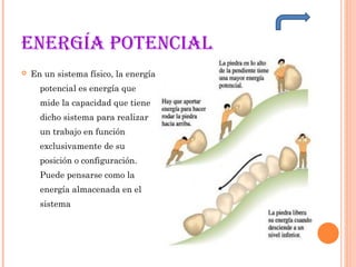 EnErgía potEncial
 En un sistema físico, la energía
potencial es energía que
mide la capacidad que tiene
dicho sistema para realizar
un trabajo en función
exclusivamente de su
posición o configuración.
Puede pensarse como la
energía almacenada en el
sistema
 