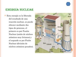 EnErgía nuclEar
 Esta energía es la liberada
del resultado de una
reacción nuclear, se puede
obtener mediante dos
tipos de procesos, el
primero es por Fusión
Nuclear (unión de núcleos
atómicos muy livianos) y
el segundo es por Fisión
Nuclear (división de
núcleos atómicos pesados).
 