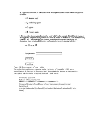Figure 14. Screen capture of vote 1 ballot
The voting information once captured on the University of Louisville UNIX server
named Athena, is then sent to the researcher’s America Online account as shown above.
The capture text document located on the UofL UNIX server:
to:sharonc1@aol.com
Subject: delphi panel experts
*******************************************
[penname],[ready to learn],[need to know],[prior experiences],[mental
habits],[self
concept],[orientation],[collapsed],[motivation],[individual],[situational],[web
based]

 