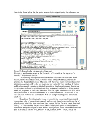 Note in the figure below that the sender was the University of Louisville Athena server.

Figure 15. Example of a vote as received by e-mail
The vote is sent from the server at the University of Louisville to the researcher’s
America Online e-mail account.
The following descriptive statistics were then calculated for each item: mean,
median, mode, standard deviation, skewness index, interquartile range, and rank to
establish the degree of consensus. The items with the lowest means were candidates for
elimination. An item with both a low mean and low variability (low standard deviation
and low interquartile range) was definitely considered for elimination as on the average
everyone says it should be eliminated and there is not much variability or disagreement
about this judgment. In each case, comments from the expert panel members were taken
into consideration in the decision to retain or to eliminate an item. The outcome of the
vote was then posted to the Expert Panel Web site along with an updated instrument
(draft #3).
Round two. The objective for round two was for the expert panel to create and
comment on a list of instructional materials and correlate them (by sorting) to the list of
adult learning principles from round one, then vote on the list. The vote ended the round.
Dalkey (1975b) described the process of asking Delphi participants to list appropriate
items (item pool) and categorize them. In the Delphi process, this is referred to as an item
pool (Linstone & Turloff, 1975, Dalkey, 1975b, Carman, 1999, Seevers, 1993). He

 
