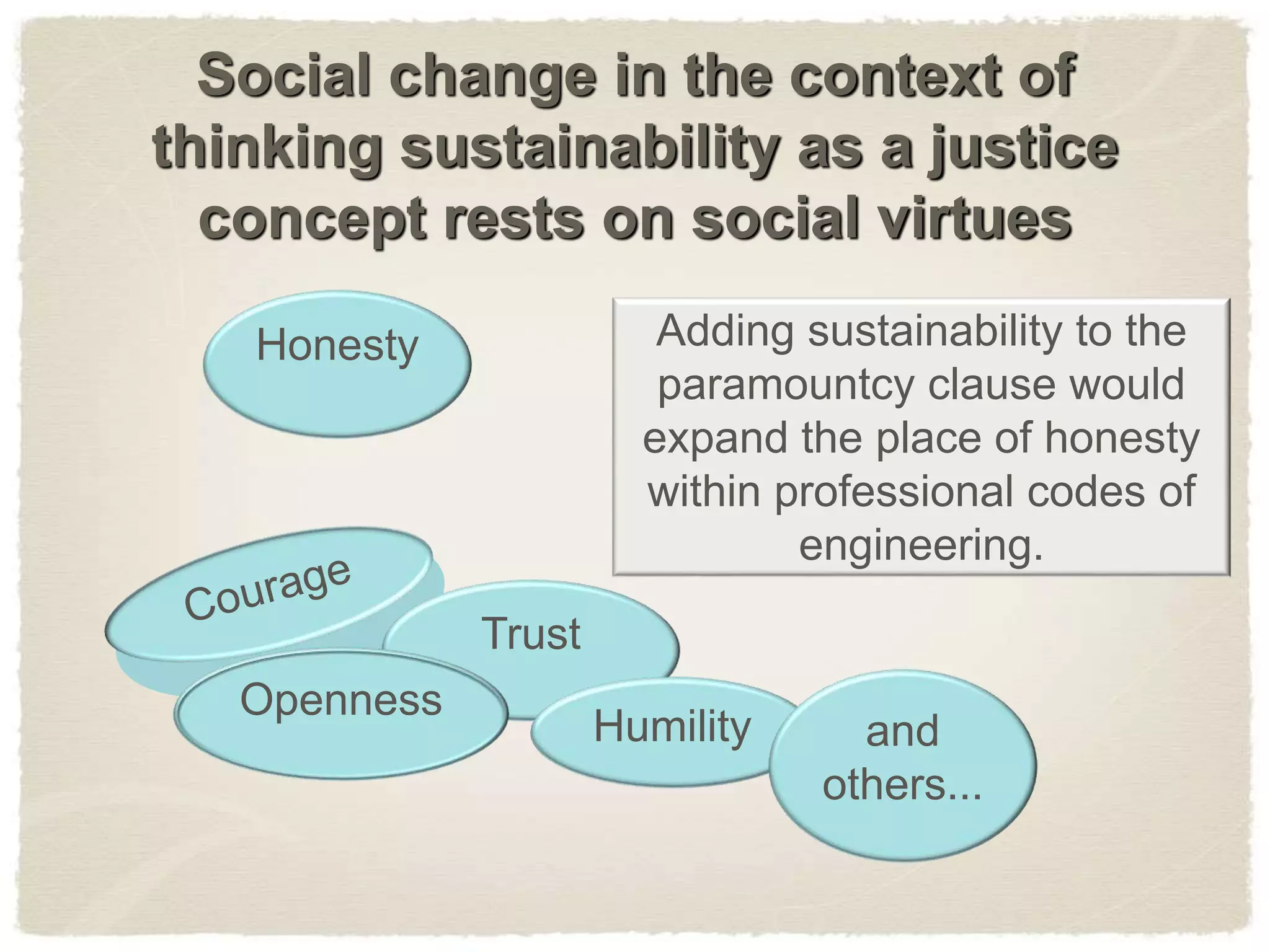 Social change in the context of
thinking sustainability as a justice
concept rests on social virtues
Honesty Adding sustainability to the
paramountcy clause would
expand the place of honesty
within professional codes of
engineering.
Trust
Openness
Humility and
others...
 