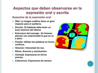 Voz: La imagen auditiva tiene un gran
impacto para el auditorio.
 Dicción: El hablante debe tener un
buen dominio del idioma.
 Estructura del mensaje : Es forzoso
planear con anterioridad lo que se va
a decir.
 Fluidez: Utilizar las palabras en forma
continua.
 Volumen: Intensidad de voz.
 Ritmo: Armonía y acentuación.
 Claridad: Expresarse en forma
precisa.
 Coherencia: Expresarse de manera
lógica.
 