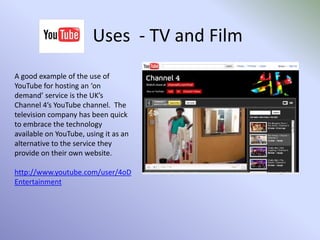 Uses  - NewsMembers of the public use YouTube to share their ‘amateur’ news videos; if they were at the scene of a news event and filmed it at the time, they may want to share this with the rest of the world.  Some of these videos are used by news agencies and other organisations to complete their news broadcast if they don’t have footage themselves or if the video shows the event from a different view or better angle.As with all video uploads onto YouTube, the videos must adhere with the rules such as not showing violence or dead bodies.