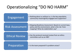 Operationalizing “DO NO HARM”
• Nothing about us without us. Is the key population
community meaningfully engaged and supportive?Engagement
• Mapping Readiness Assessment. Based on current laws,
policy and the environment, what is the risk from
mapping? What do stakeholders say?
Risk Assessment
• Has the protocol received review from an ethics
committee such as an IRB?Ethical Review
• Is the team prepared if a problem arises?Preparation
 