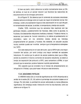 Si bien es cierto, como referencia la leche normalmente tiene un 5%
de lactosa; el cual es un azúcar reductor que favorece las reacciones de
oscurecimiento en los chongos zainoranos.
En el Figura 12. Se observa que el contenido de azúcares reductores
directos tanto en el chongo como en suero es mayor al contenido normal. Sin
embargo, existe una explicación lógica a esta aseveración en la cual influyen
la concentración de azúcar, la acidez, la temperatura y tiempo de cocción.
CheRel, 1976, menciona que los azúcares más reactivos son las
pentosas (ribosa) y posteriormente las hexosas, tales como la glucosa, la
fructosa y los disacaridos reductores (maltosa y lactosa). Y todavía menos, la
sacarosa, (quecarece de función reductora y no afecta al pardeamiento no
enzimático, salvo en los alimentos ácidos donde se hidroliza
progresivainente en glucosa y fructosa. No obstante, en solución acuosa
neutra, también puede ser invertida siempre que la temperatura sobrepase
los 130°C.
Con esto deducimos en el caso del suero, que a 30°D hubo una mayor
inversión del azúcar, por tanto produjo una mayor cantidad de azucares
reductores. En cambio por la adición de azúcar podemos decir que a 2509,
donde se presentó el máximo coritenido de azúcares reductores, se debió al
tiempo de exposición del product'o a 95OC, para concentrar a 5OoBx, lo que
provocó que la sacarosa pudiera haberse invertido parcialmente.
Otro aspecto que se considero fue el tiempo de almacenamiento en
refrigeracitjn (15días), que pudo haber influido en este fenómeno.
7.2.8.AZUCARES TOTALES
El ANOVA indica con un nivel de significancia de =0.05 influencia de la
acidez de la leche (20, 25, 30) sobre el porcentaje de azúcares totales en el
chongo. Por otro lado, la cantidad de azúcar adicionada no marca diferencia
significativa. Sin embargo existe interacción entre los dos factores, como se
observa eri la figura 13.
90
Tesis donada a la UAM por la
Universidad Autónoma Chapingo
 