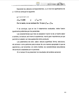 Haciendo los cálculos correspondientes, a un nivel de significancia de
a = 0.05 se iconcluyó lo siguiente:
g.1= k-l= 5-1 = 4
XZtab 9.488 Y x :!ca~C= 8
2
Por lo tanto, no se rechaza Ho. Ya que xZealcx tab.
Y se concluye, que en los 5 tratamientos evaluados, todos fueron
igualmente preferidos por los panelistas.
Las caracteristicas que más se aceptaron fueron la de un fuerte sabor
a canela y la textura; as¡ mismo la apariencia, marcó gran importancia ya que
permitió al catador ver más apetecible dicho producto.
Los parámetros de color, sabor, textura superficial, forma, estructura,
etc sirvieron como patrones para evaluar de una manera apropiada lo que es
apariencia y as¡ encontrar, en cierta medida, las características secundarias
del producto aceptadas por el panelista.
En el anexo VI se presentan los resultados del análisis sensorial.
103
Tesis donada a la UAM por la
Universidad Autónoma Chapingo
 