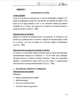 ANEXO 1.
ANALISIS DE LA LECHE
Acidez tituiabie
Tomar 9 ml de leche y colocarlos en un vaso de precipitado y agregar 2 a 3
gotas de fenolftaleína y titular con una solución de hidróxido de sodio a 0.1N
hasta que se haga evidente el vire a una coloración rosada que perdure
alrededor de un minuto. Con ayuda de la escala de la bureta calcular la
acidez de la leche. (A.O.A.C., 1980).
Determinaciónde densidad
Mediante el método del lactodensímetro de Quevenne, se introduce a una
probeta que contenga 250 ml de leche y esperar 30 segundos para la toma
de la lectura, a la cual se realiza una corrección según la temperatura
(A.O.A.C., 1980).
Determinaciónde qrasa por el método de Gerber
Se colocan 10 ml de ácido sulfúrico evitando mojar el cuello del butirómetro.
Inmediatamente después se introducen 11 ml de leche bien mezclada.
Después colocar un mililitro de alcohol isoamílico. Tapar los butirómetros
agitarlos y mantenerlos en agua a 65°C por 30 minutos. Y posteriormente
leer la lectura en la escala del butirómetro (A.O.A.C., 1980).
1. ANALISIS DEL PRODUCTOTERMINADO.
Determinaciónde humedad
Materiales.
3 Cajas de aluminio para humedad
1 Balanza analitica
1 Horno con corriente de aire.
1 Varilla de vidrio con gendarme
110
Tesis donada a la UAM por la
Universidad Autónoma Chapingo
 