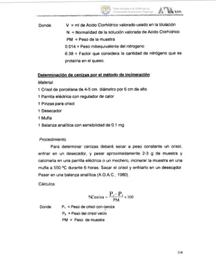 .ANEXOS
_...I_ .____-__"_l__._..__II.
....._______.I___._______._.__._.____-._-_I_ _____-
Donde: V = ml de Acido Clorhídrico valorado usadoen la titulación
N = Normalidadde la solución valorada de Acido Clorhidrico
PM = Peso de la muestra
0.014 = Peso miliequivalente del nitrogen0
6.38 = Factor que considera la cantidad de nitrógeno que es
proteína en el queso.
Determinación de cenizas por el método de incineración
Material.
1 Crisol de porcelana de 4-5 cm diámetro por 6 crn de alto
1 Parrilla eléctrica con regulador de calor
1 Pinzas para crisol
1 Desecador
1 Mufla
1 Balanzaanalítica con sensibilidad de 0.1 rng
Procedimiento.
Para determinar cenizas deberá secar a peso constante un crisol,
enfriar en un desecador, y pesar aproximadamente 2-3 g de muestra y
calcinarla en una parrilla eléctrica o un mechero, incinerar la muestra en una
mufla a 550 "C durante 6 horas. Sacar el crisol y enfriarlo en un deseqdor.
Pesar en una balanza analítica (A.O.A.C.,1980).
Cálculos:
'Xeniza = --x 100
P M
Pi = Peso de crisol con ceniza
Pz = Peso del crisol vacío
PM = Peso demuestra
-Donde:
114
Tesis donada a la UAM por la
Universidad Autónoma Chapingo
 