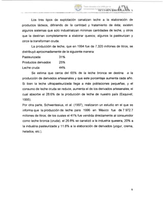Los tres tipos de explotación canalizan leche a la elaboración de
productos lácteos, difiriendo de la cantidad y tratamiento de esta; existen
algunos sistemas que solo industrializan mínimas cantidades de leche, y otros
que la destinan completamente a elaborar quesos; algunos la pasteurizan y
otros la transforman cruda.
La producción de leche, que en 1994 fue de 7,320 millones de litros, se
distribuyó aproximadamente de la siguiente manera:
Pasteurizada 31%
Productos derivados 25%
Leche cruda 44%
Se estima que cerca del 65% de la leche bronca se destina a la
producción de derivados artesanales y que este porcentaje aumenta cada ano.
Si bien la leche ultrapasteurizada llega a más poblaciones pequeñas, y el
consumo de leche cruda se reduce, aumenta el de los derivados artesanales, el
cual absorbe el 28.6% de la producción de leche de nuestro pais (Esquivel,
1995).
Por otra parte, Schwentesius, et al. (1997), realizaron un estudio en el que se
informa que la producción de leche para 1996 en México fue de 7 972.7
millones de litros; de los cuales el 41Yofue vendida directamente al consumidor
como leche bronca (cruda), el 26.8% se canalizó a la industria quesera, 20% a
la industria pasteurizada y 11.8% a la elaboración de derivados (yogur, crema,
helados, etc.).
8
Tesis donada a la UAM por la
Universidad Autónoma Chapingo
 