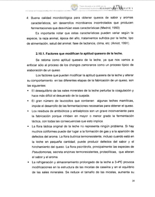 4. Buena calidad microbiológica para obtener quesos de sabor y aromas
característicos, sin desarrollos microbianos incontrolados que producen
fermentaciones que desvirtúan esas características (Madrid, 1990).
Es importante notar que estas características pueden variar según la
especie, la raza animal, época del año, tratamientos sufridos por la leche, ,tipo
de alimentación, salud del animal. fase de lactancia, clima, etc. (Amiot, 199111.
2.10.1. Factoresque modifican la aptitud quesera de la leche.
Se retoma como aptitud quesera de la leche, ya que nos vamos a
enfocar sólo al proceso de los chongos zamoranos como un proceso típicci de
elaboración de un queso.
Los factores que pueden modificar la aptitud quesera de la leche y alterar
su comportamiento en las diferentes etapas de la fabricación de un queso, son
las siguientes:
El desequilibrio de las sales minerales de la leche perturba la coagulaciijn y
hace más difícil el desuerado de la cuajada.
El gran número de leucocitos que contienen algunas leches mamitias,
impide el desarrollo de las fermentaciones necesarias para obtener el queso.
Los residuos de antibióticos y antisépticos son un grave inconveniente para
la fabricación porque inhiben en mayor o menor grado la fermentación
Iáctica, con todas las consecuencias que esto implica.
La flora Iáctica original de la leche no representa ningún problema. Si hay
muchos coliformes puede dar lugar a la formación de gas y a la aparición de
defectos del aroma. La flora butírica termoresistente. incluso cuando está en
la leche en pequeña cantidad, puede producir defectos del sabor !q el
hinchamiento del queso. La flora psicrótrofa, principalmente las especies de
Pseudomonas, secreta enzimas termoresistentes, proteolíticas, que alteran
el sabor y el aroma.
La refrigeración y almacenamiento prolongado de la leche a 3-4OC provoca
modificaciones en la estructura de las micelas de caseína y en el equilibrio
de las sales minerales. Se reduce el tamaño de las micelas, aumenta su
20
Tesis donada a la UAM por la
Universidad Autónoma Chapingo
 