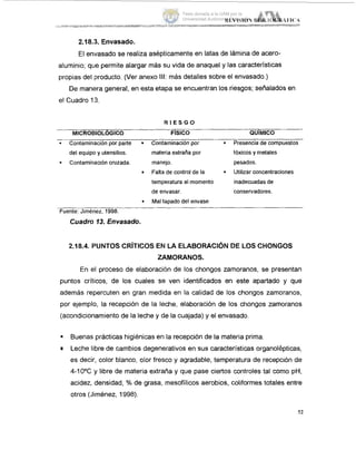 2.18.:3. Envasado.
El envasado se realiza asépticamente en latas de lámina de acero-
aluminio; quie permite alargar más su vida de anaquel y las características
propias del lproducto. (Ver anexo 111: más detalles sobre el envasado.)
De manera general, en esta etapa se encuentran los riesgos; señalados en
el Cuadro 13.
R I E S G O
MICROI~IOLOGICO FISICO QUlMlCO
- Contaminaciónpor parie Contaminaciónpor = Presenciade compuestos
del equipo y utensilios. materia extraña por tóxicos y metales
- Contaminacióncruzada. manítjo. pesados.
Falta de control de la = Utilizarconcentraciones
temperatura al momento inadecuadas de
de envasar. conservadores.
8 Mal tapado del envase
-
Fuente: Jimejiez, 1998.
Cuadro 13. Envasado.
2.18.4. PUNTOS CRíTlCOS EN LA ELABORACIÓN DE LOS CHONGOS
ZAMORANOS.
En el proceso de elaboración de los chongos zamoranos, se presentan
puntos críticos, de los cuales se ven identificados en este apartado y que
además repercuten en gran medida en la calidad de los chongos zamoranos,
por ejemplo, la recepción de la leche, elaboración de los chongos zarnoranos
(acondicionamiento de la leche y de la cuajada) y el envasado.
. Buenas prácticas higiénicas eri la recepción de la materia prima.
Leche libre de cambios degenerativos en sus características organolépticas,
es decir, color blanco, olor fresco y agradable, temperatura de recepción de
4-1O°C y libre de materia extraña y que pase ciertos controles tal como pH,
acidez, densidad, % de grasa, mesofilicos aerobios, coliformes totales entre
otros (Jiménez, 1998).
52
Tesis donada a la UAM por la
Universidad Autónoma Chapingo
 