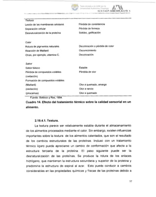 iiE'iSlii ~ ~ i ~ i . i ~ ~ ~ ; i ~ ~ ~.
Textura
Lesiónde las membranascelulares
Separación celular Perdida de firmeza
Desnaturalizaciónde la Proteína Solidez, gelificación
Pérdidade consistencia
Color
Rotura de pigmlentos naturales
Reacción de Maillard
Otras, por ejemplo, vitamina C.
Sabor
Sabor básico
Pérdida de cornpuestosvolátiles
Decoloracióno perdida de color
Oscurecimiento
Decoloración
Estable
Pérdidade olor
(oxidación)
Formaciónde compuestosvolátiles
(Maillard) Olor a quemado, amargo
(oxidación) Olor a rancio
(piracainas) Olor a quemado
Cuadro 14.Efecto del tratamiento térmico sobre la calidad sensorial en un
alimento.
Fuente: BNettison y Res, 1994.
2.19..4.1.Textura.
La textura parece ser relativamente estable durante el almacenamiento
de los alimentos procesados mediante el calor. Sin embargo, existen influencias
importantes sobre la textura de los alimentos calentados, que son el resultado
de los cambios estructurales de las proteínas. Incluso con un tratamiento
térmico liglero puede apreciarse (un cambio de conformación que afecta a la
estructura terciaria de la proteína. El paso siguiente puede ser la
desnaturalización de las proteínas. Se produce la rotura de los enlaces
hidrógeno, que mantienen la estructura secundaria y superior de la proteína y
predomina la estructura de espiral al azar. Esto puede conducir a cambios
considerables en las propiedades químicas y físicas de las proteínas debido a
57
Tesis donada a la UAM por la
Universidad Autónoma Chapingo
 