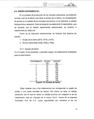 ^_....'!IC inuoLo<;íA~ ~~~ ~~ ~~ ___ __.~~ ~ _~.._________.____..__._._.._____
6.6. DISEÑO EXPERIMENTAL.
En el proceso de producción de los chongos zamoranos, se pretendió
conocer cuál es el efecto que tiene la acidez de la leche y la concentración
de azúcar en la calidad de los chongos zamoranos, en lo referente, a calidad
fisicoquímica y sensorial. Para tal situación se elaboraron 9 tratamientos, que
de acuerdo con el diseño experimental seleccionado, se hicieron 4
repeticiones por cada uno.
Como ya se mencionó anteriormente, se tomaron dos factores de
estudio:
1. Acidez de la leche (20"D, ,25"Dy 30"D).
2. Azúcar adicionada (2509, 5009 y 7509).
6.6.I. Niveles del factor.
En el Cuadro 18 se presentan, a grandes rasgos, I
para el experimento:
tr nieni s empleados
TRATAMIENTO ACIDEZ AZÚCAR
2 20 500
3 20 750
4 25 250
5 25 500
6 25 750
7 30 250
0 30 500
9 30 750
Cuadro 18. Niveles de factor.
Cabe recalcar que a los tratamientos les corresponde un grado de
acidez y una cierta cantidad de azúcar. Así mismo se tiene un testigo
comercial, c m el cual se valoró su calidad química con respecto al de los
tratamientos; este es, chongos de la marca "Coro", misma de la empresa
Coronado, S.A. de C.V. cuyos ingredientes son similares al de los
74
Tesis donada a la UAM por la
Universidad Autónoma Chapingo
 