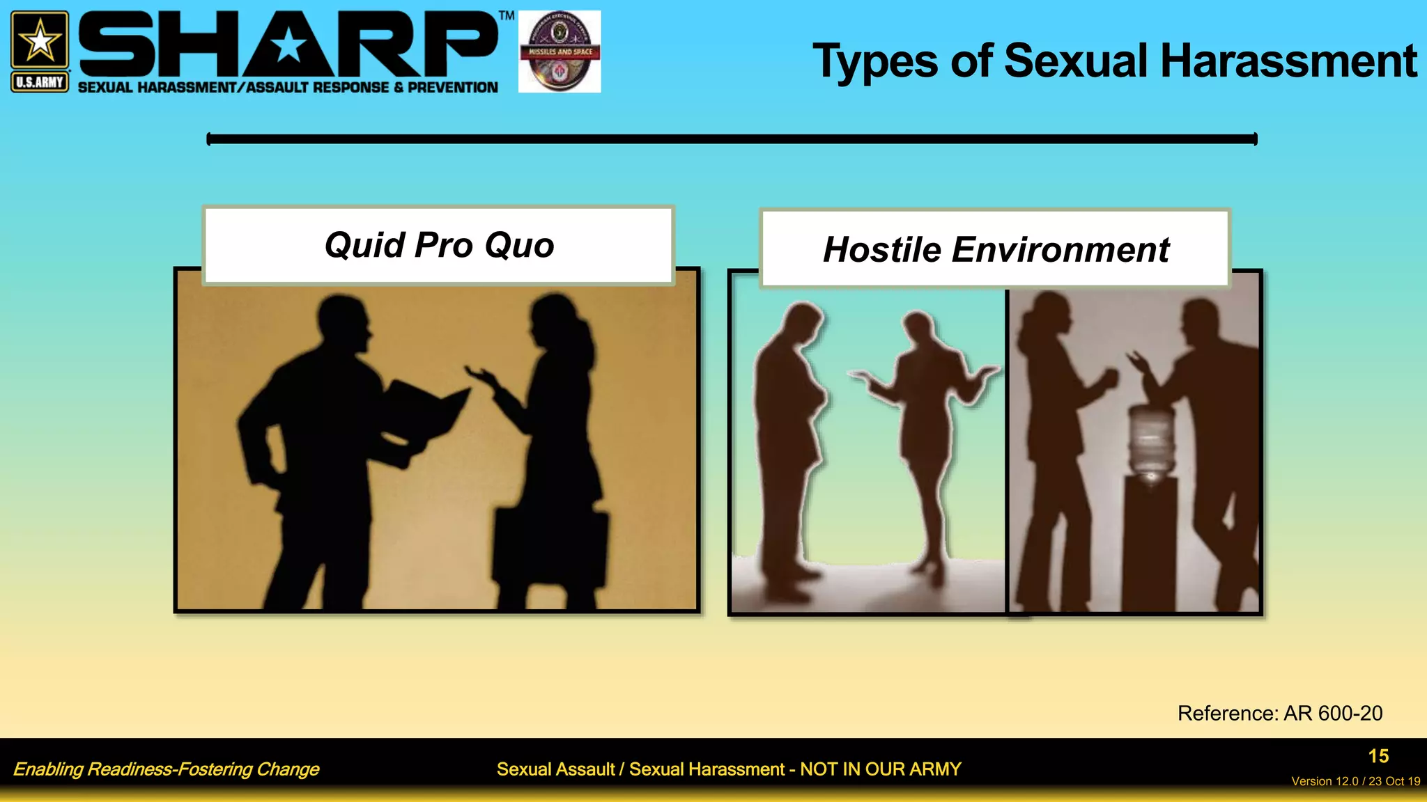 Enabling Readiness-Fostering Change Sexual Assault / Sexual Harassment - NOT IN OUR ARMY
15
Version 12.0 / 23 Oct 19
Types of Sexual Harassment
Quid Pro Quo Hostile Environment
Reference: AR 600-20
 