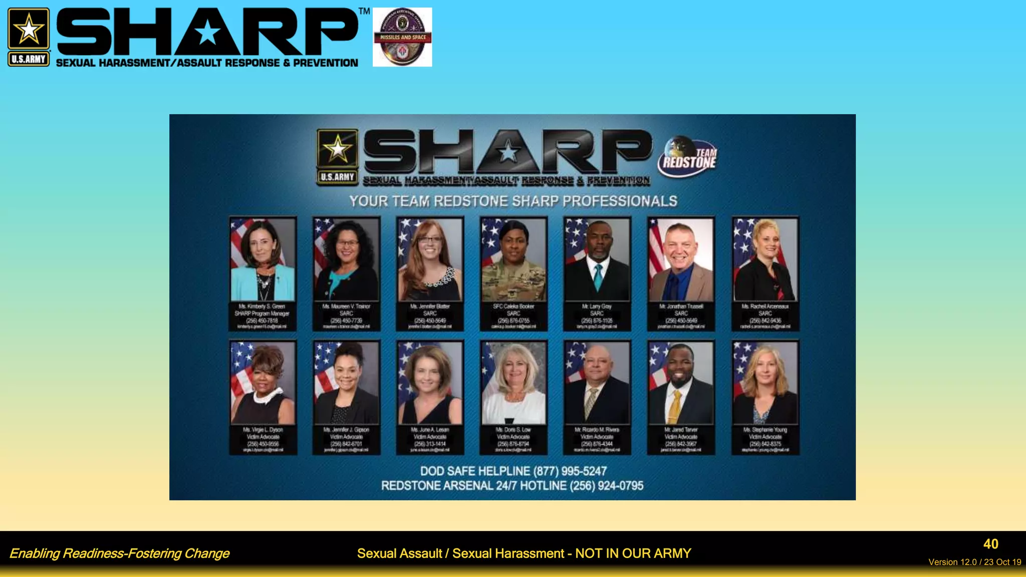 Enabling Readiness-Fostering Change Sexual Assault / Sexual Harassment - NOT IN OUR ARMY
40
Version 12.0 / 23 Oct 19
 