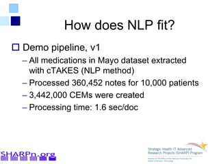 How does NLP fit?
 Demo pipeline, v1
– All medications in Mayo dataset extracted
with cTAKES (NLP method)
– Processed 360,452 notes for 10,000 patients
– 3,442,000 CEMs were created
– Processing time: 1.6 sec/doc
 