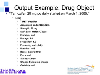 Output Example: Drug Object
• “Tamoxifen 20 mg po daily started on March 1, 2005.”
• Drug
• Text: Tamoxifen
• Associated code: C0351245
• Strength: 20 mg
• Start date: March 1, 2005
• End date: null
• Dosage: 1.0
• Frequency: 1.0
• Frequency unit: daily
• Duration: null
• Route: Enteral Oral
• Form: null
• Status: current
• Change Status: no change
• Certainty: null
 