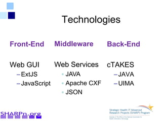 Technologies
Front-End
Web GUI
–ExtJS
–JavaScript
Back-End
cTAKES
–JAVA
–UIMA
Middleware
Web Services
 JAVA
 Apache CXF
 JSON
 