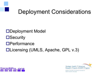 Deployment Considerations
Deployment Model
Security
Performance
Licensing (UMLS, Apache, GPL v.3)
 
