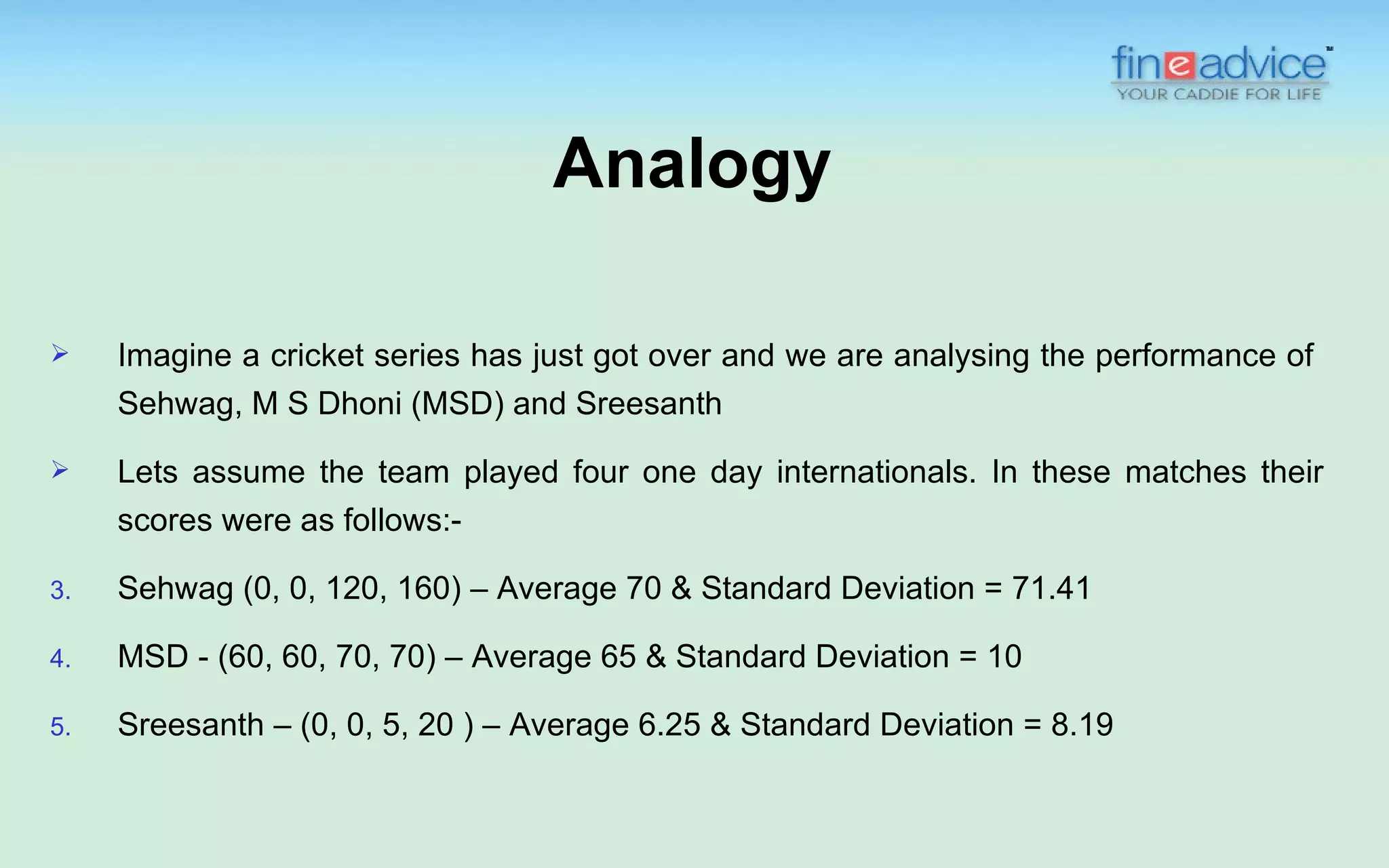 Analogy

    Imagine a cricket series has just got over and we are analysing the performance of
     Sehwag, M S Dhoni (MSD) and Sreesanth
    Lets assume the team played four one day internationals. In these matches their
     scores were as follows:-

3.   Sehwag (0, 0, 120, 160) – Average 70 & Standard Deviation = 71.41

4.   MSD - (60, 60, 70, 70) – Average 65 & Standard Deviation = 10

5.   Sreesanth – (0, 0, 5, 20 ) – Average 6.25 & Standard Deviation = 8.19
 