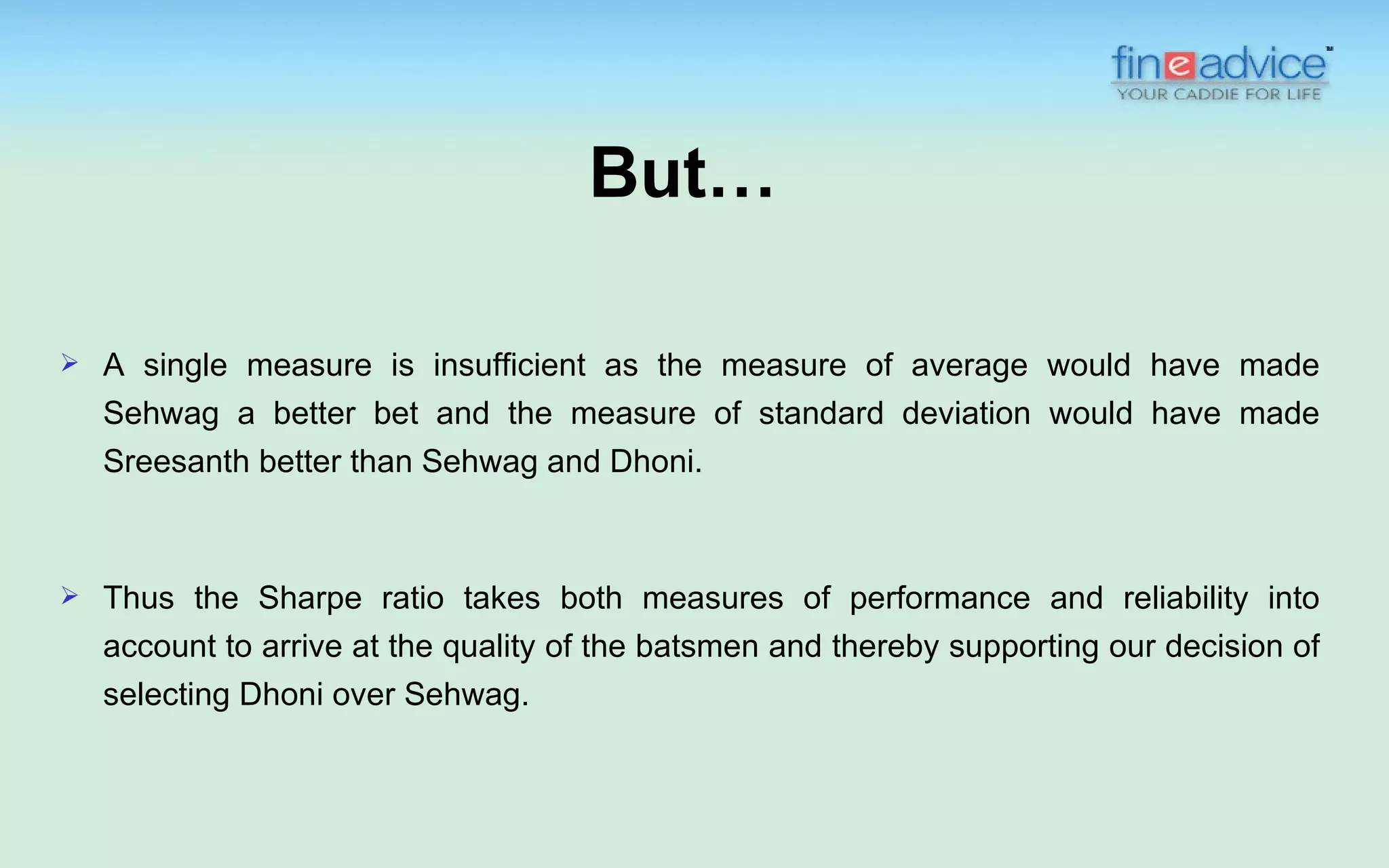 But…

   A single measure is insufficient as the measure of average would have made
    Sehwag a better bet and the measure of standard deviation would have made
    Sreesanth better than Sehwag and Dhoni.



   Thus the Sharpe ratio takes both measures of performance and reliability into
    account to arrive at the quality of the batsmen and thereby supporting our decision of
    selecting Dhoni over Sehwag.
 