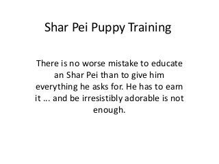 Shar Pei Puppy Training

There is no worse mistake to educate
       an Shar Pei than to give him
everything he asks for. He has to earn
it ... and be irresistibly adorable is not
                  enough.
 