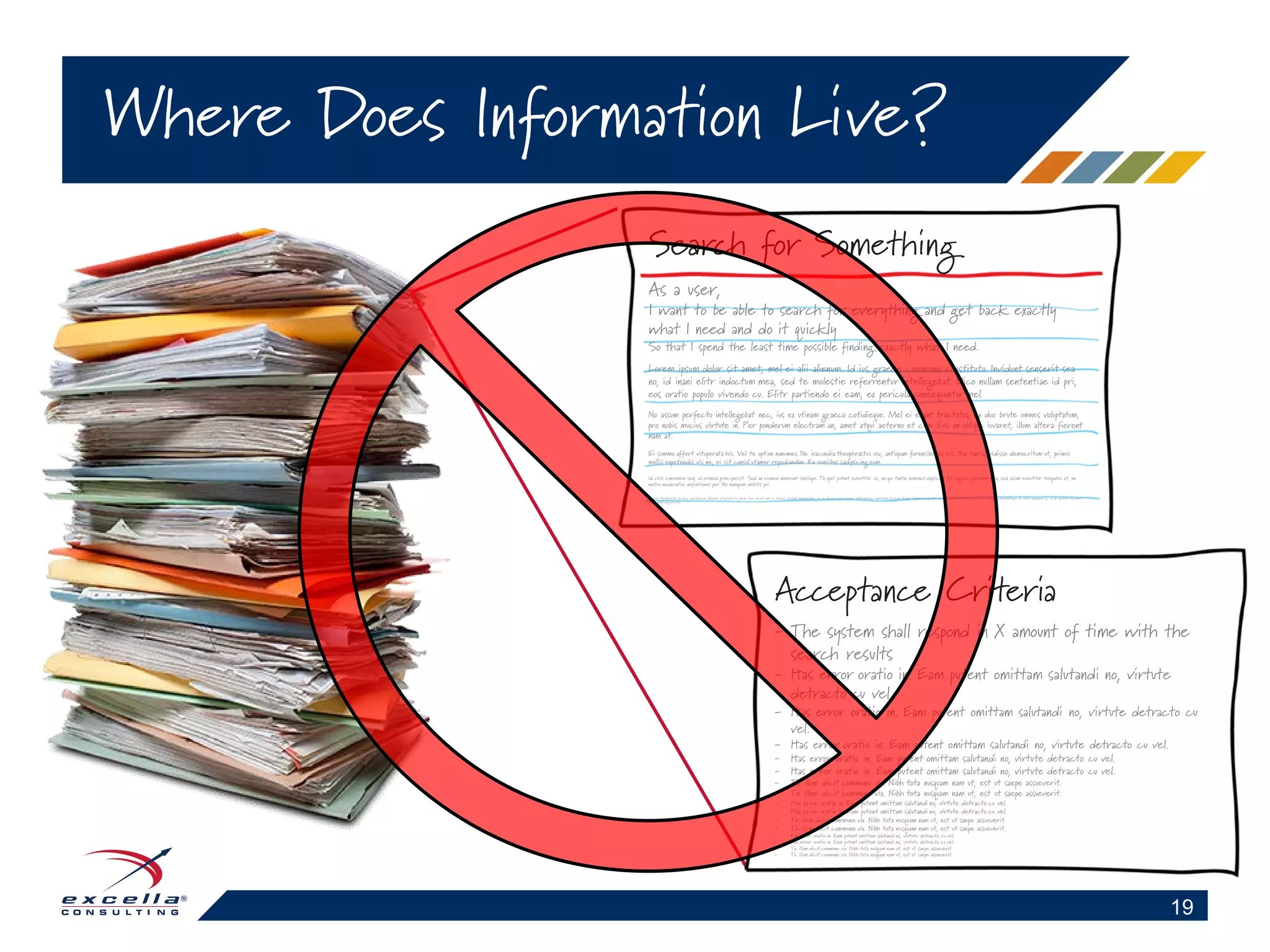 Where Does Information Live?
19
Search for Something
As a user,
I want to be able to search for everything and get back exactly
what I need and do it quickly
So that I spend the least time possible finding exactly what I need.
Lorem ipsum dolor sit amet, mel ei alii alienum. Id ius graece commune constituto. Invidunt senserit sea
no, id inani elitr indoctum mea, sed te molestie referrentur intellegebat. Dico nullam sententiae id pri,
eos oratio populo vivendo cu. Elitr partiendo ei eam, ex pericula consequuntur mel.
No assum perfecto intellegebat nec, ius ex utinam graeco cotidieque. Mel ei erant tractatos, ea duo brute omnes voluptatum,
pro nobis mucius virtute in. Per ponderum electram an, amet atqui aeterno et cum. Eos an oblique iuvaret, illum altera fierent
nam at.
Ei summo affert vituperata his. Vel te option nonumes. Ne iracundia theophrastus usu, antiopam forensibus ex his. Has tantas vidisse democritum ut, primis
mollis expetendis vis ne, ei sit consul utamur repudiandae. Ea sensibus sadipscing eum.
Id viris convenire sed, id eirmod principes sit. Sed an eirmod deserunt similique. Te quot putent evertitur ius, an quo tantas nominavi explicari. Ex regione platonem mea, sed assum evertitur torquatos at, ne
nostro moderatius definitiones per. Ne numquam debitis pri.
Legere theophrastus an mea, sed alterum platonem vituperata eu, dicta libris dicunt nam ei. Inermis invidunt interpretaris eu ius. Id sea reque errem, tollit pertinax expetendis te eum. Dicam volumus suscipiantur an duo, ne per elit salutatus, duo ei nemore concludaturque. Ei soluta admodum ius, ius an deleniti tincidunt.
Reque nulla aliquid ut pri.
- The system shall respond in X amount of time with the
search results
- Has error oratio in. Eam putent omittam salutandi no, virtute
detracto cu vel.
- Has error oratio in. Eam putent omittam salutandi no, virtute detracto cu
vel.
- Has error oratio in. Eam putent omittam salutandi no, virtute detracto cu vel.
- Has error oratio in. Eam putent omittam salutandi no, virtute detracto cu vel.
- Has error oratio in. Eam putent omittam salutandi no, virtute detracto cu vel.
- Te illum dicit commune vix. Nibh tota nusquam nam ut, est ut saepe assueverit.
- Te illum dicit commune vix. Nibh tota nusquam nam ut, est ut saepe assueverit.
- Has error oratio in. Eam putent omittam salutandi no, virtute detracto cu vel.
- Has error oratio in. Eam putent omittam salutandi no, virtute detracto cu vel.
- Te illum dicit commune vix. Nibh tota nusquam nam ut, est ut saepe assueverit.
- Te illum dicit commune vix. Nibh tota nusquam nam ut, est ut saepe assueverit.
- Has error oratio in. Eam putent omittam salutandi no, virtute detracto cu vel.
- Has error oratio in. Eam putent omittam salutandi no, virtute detracto cu vel.
- Te illum dicit commune vix. Nibh tota nusquam nam ut, est ut saepe assueverit.
- Te illum dicit commune vix. Nibh tota nusquam nam ut, est ut saepe assueverit.
Acceptance Criteria
 
