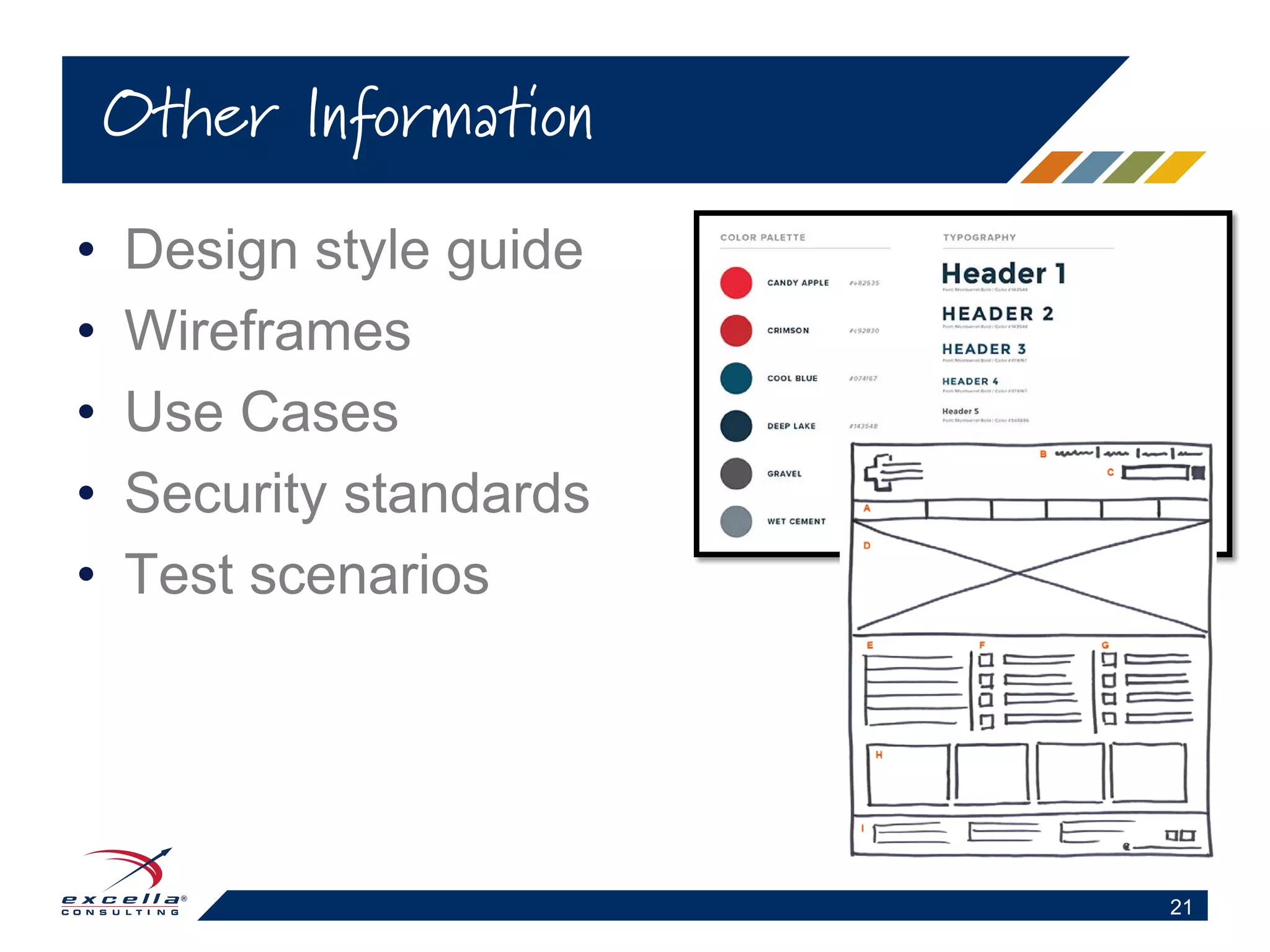 • Design style guide
• Wireframes
• Use Cases
• Security standards
• Test scenarios
Other Information
21
 