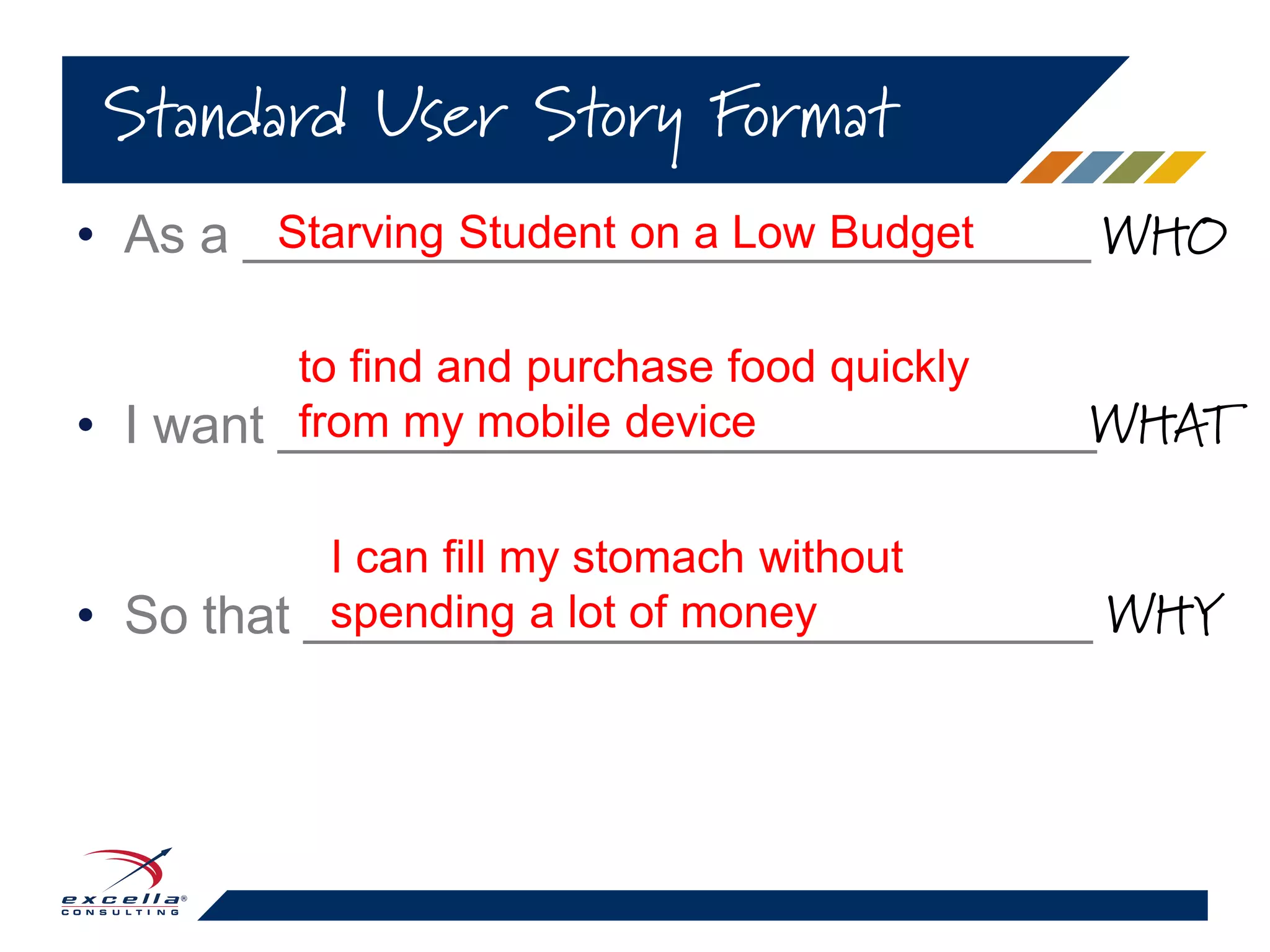 • As a _____________________________
• I want ____________________________
• So that ___________________________
Standard User Story Format
Starving Student on a Low Budget
to find and purchase food quickly
from my mobile device
I can fill my stomach without
spending a lot of money
WHO
WHAT
WHY
 