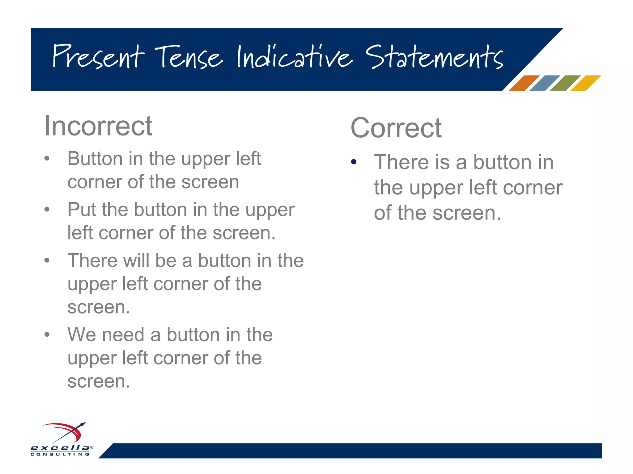 Correct
• There is a button in
the upper left corner
of the screen.
Present Tense Indicative Statements
Incorrect
• Button in the upper left
corner of the screen
• Put the button in the upper
left corner of the screen.
• There will be a button in the
upper left corner of the
screen.
• We need a button in the
upper left corner of the
screen.
 