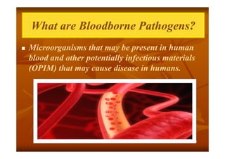 What are Bloodborne Pathogens?


Microorganisms that may be present in human
blood and other potentially infectious materials
(OPIM) that may cause disease in humans.

٣

 