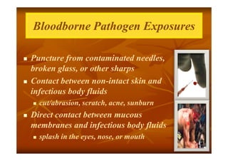 Bloodborne Pathogen Exposures




Puncture from contaminated needles,
broken glass, or other sharps
Contact between non-intact skin and
noninfectious body fluids




cut/abrasion, scratch, acne, sunburn

Direct contact between mucous
membranes and infectious body fluids


splash in the eyes, nose, or mouth
٥

 