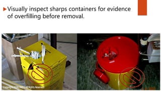 Visually inspect sharps containers for evidence
of overfilling before removal.
 