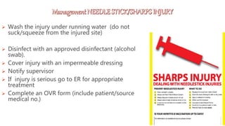  Wash the injury under running water (do not
suck/squeeze from the injured site)
 Disinfect with an approved disinfectant (alcohol
swab).
 Cover injury with an impermeable dressing
 Notify supervisor
 If injury is serious go to ER for appropriate
treatment
 Complete an OVR form (include patient/source
medical no.)
 