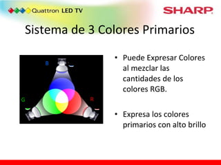 Sistema de 3 Colores Primarios Puede Expresar Colores al mezclar las cantidades de los colores RGB. Expresa los colores primarios con alto brillo R G B 