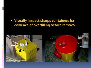  Visually inspect sharps containers for
evidence of overfilling before removal
 
