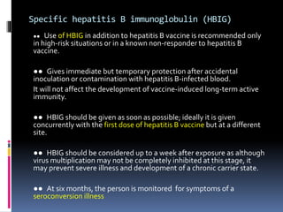 Specific hepatitis B immunoglobulin (HBIG)
●● Use of HBIG in addition to hepatitis B vaccine is recommended only
in high‐risk situations or in a known non‐responder to hepatitis B
vaccine.
●● Gives immediate but temporary protection after accidental
inoculation or contamination with hepatitis B‐infected blood.
It will not affect the development of vaccine‐induced long‐term active
immunity.
●● HBIG should be given as soon as possible; ideally it is given
concurrently with the first dose of hepatitis B vaccine but at a different
site.
●● HBIG should be considered up to a week after exposure as although
virus multiplication may not be completely inhibited at this stage, it
may prevent severe illness and development of a chronic carrier state.
●● At six months, the person is monitored for symptoms of a
seroconversion illness
 