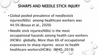 SHARPS AND NEEDLE STICK INJURY
• Global pooled prevalence of needlestick
injuries(NSIs) among healthcare workers was
44.5% (Bouya et al., 2020)
• Needle stick injuries(NSIs) is the most
occupational hazards among health care workers
(HCWs) globally, More than 6% of occupational
exposures to sharp injuries occur to health
healthcare workers(HCWs) (WHO, 2019)
 